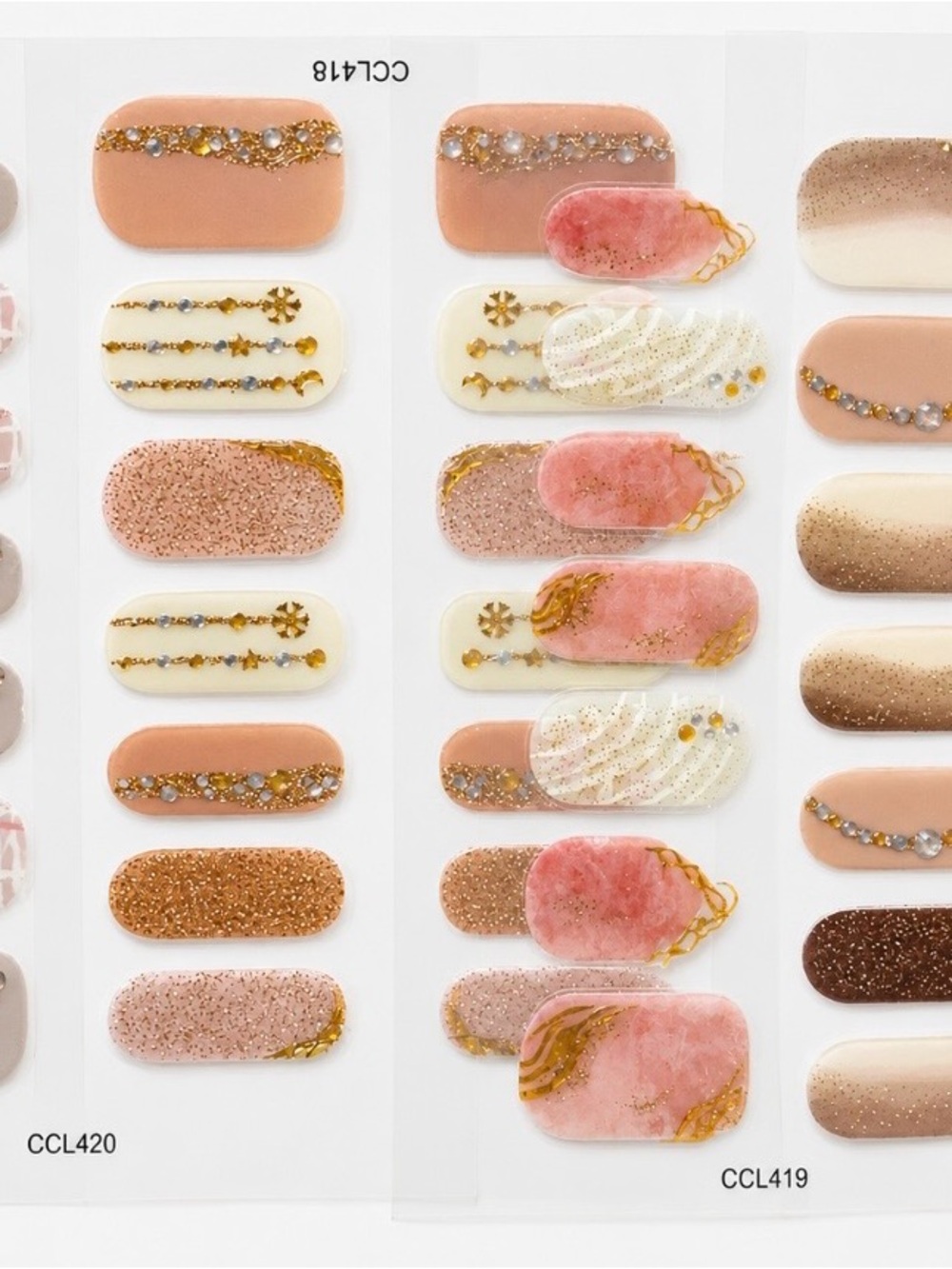 4 Gel Nail Wraps Bundle Pink Gold Glitter Rhinestone Semi Cured Gel Nail Strips